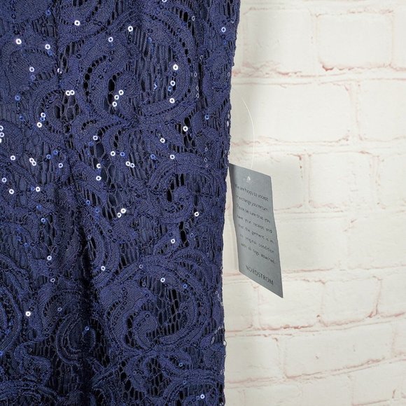 NEW MARINA Sequin Lace Gown Dress Sz 6 Navy Blue Sleeveless Sheath Keyhole Back - Picture 9 of 16